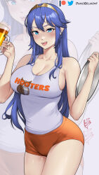 Rule 34 | 1girl, :d, bare arms, bare shoulders, blue eyes, blue hair, blush, breasts, cleavage, collarbone, commentary, commission, cowboy shot, damobelmont, fire emblem, fire emblem awakening, grey background, grey tank top, highres, holding, holding tray, hooters, large breasts, long hair, looking at viewer, lucina (fire emblem), nintendo, open mouth, orange shorts, short shorts, shorts, simple background, smile, solo, standing, tank top, thighs, tiara, tray, very long hair, waitress, zoom layer