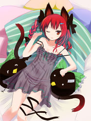 Rule 34 | 1girl, animal ears, bad id, bad pixiv id, bed, bra, braid, cat ears, cat girl, cat tail, fang, female focus, gotyou, hair ornament, hairclip, kaenbyou rin, leg ribbon, lingerie, lying, multiple tails, negligee, on back, one eye closed, panties, pillow, red eyes, red hair, reiuji utsuho, reiuji utsuho (bird), ribbon, see-through, solo, strap slip, striped bra, striped clothes, striped panties, stuffed toy, tail, thigh ribbon, touhou, twin braids, twintails, underwear, winl