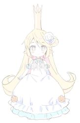 Rule 34 | 1girl, bare shoulders, blonde hair, blue eyes, blush, charlotta (granblue fantasy), closed mouth, commentary request, crown, dress, elbow gloves, flower, full body, gloves, granblue fantasy, hair flower, hair ornament, harvin, long hair, looking at viewer, meito (maze), mini crown, pointy ears, rose, simple background, sleeveless, sleeveless dress, smile, solo, standing, very long hair, white background, white dress, white flower, white gloves, white rose