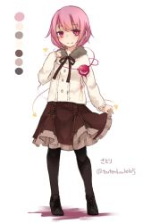 Rule 34 | 1girl, alternate costume, black pantyhose, boots, color guide, contemporary, cross-laced footwear, eyeball, full body, heart, komeiji satori, lace-up boots, long sleeves, looking at viewer, no headwear, pantyhose, pink eyes, pink hair, ribbon, shirt, short hair, simple background, skirt, skirt hold, smile, solo, string, third eye, touhou, toutenkou, twitter username, white background