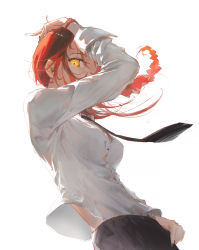 Rule 34 | 1girl, arm up, black necktie, braid, breasts, chainsaw man, cowboy shot, dino (dinoartforame), dress shirt, floating hair, from side, hand on own head, highres, large breasts, long hair, long sleeves, looking at viewer, makima (chainsaw man), necktie, red hair, shirt, sideways glance, simple background, solo, white background, white shirt, yellow eyes