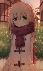 Rule 34 | 1girl, arms behind back, blush, building, closed mouth, coat, fringe trim, gift bag, green eyes, hair between eyes, hedge, light brown hair, long hair, looking at viewer, original, outdoors, polka dot, red scarf, scarf, solo, sunset, upper body, white coat, yuuhagi (amaretto-no-natsu)