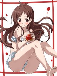 Rule 34 | 1girl, absurdres, apple, barefoot, bikini, blush, border, breasts, brown eyes, brown hair, cleavage, closed mouth, commentary, food, frilled bikini, frills, fruit, hair ornament, hairclip, highres, holding, holding food, holding fruit, idolmaster, idolmaster cinderella girls, long hair, looking at viewer, medium breasts, red apple, red border, smile, solo, swept bangs, swimsuit, tokiani, tsujino akari, white bikini