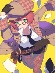 Rule 34 | belt, black gloves, black neckwear, black shorts, breasts, brown hair, brown pantyhose, cleavage, collared shirt, dress shirt, enkyo yuuichirou, glasses, gloves, green eyes, grey jacket, hand on headwear, hat, highres, hisho collection, jacket, long sleeves, mouth hold, necktie, notepad, open clothes, open jacket, pantyhose, paper, red-framed eyewear, round eyewear, running, shirt, shoes, short hair, shorts, simple background, standing, standing on one leg, thigh gap, white shirt, wing collar, yellow background