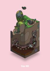 Rule 34 | commentary request, diorama, flying, gozz, highres, isometric, moss, olmec head, original, overgrown, pink background, pot, stairs, stepping stones, underground