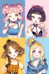 Rule 34 | 4girls, :d, ;o, animal ears, bad id, bad pixiv id, black bow, blonde hair, blue bow, blue eyes, blue shirt, blunt bangs, blush, bow, breasts, brown bow, brown dress, brown gloves, brown hair, cat ears, cherrypin, choker, crop top, double bun, dress, earrings, fake animal ears, gloves, green eyes, hair bow, hair bun, hairband, hands up, jewelry, long hair, long sleeves, multiple girls, one eye closed, open mouth, original, paw pose, pink hair, pink hairband, plaid, plaid bow, plaid dress, purple choker, purple eyes, purple hair, shirt, short hair, short sleeves, side bun, sidelocks, single hair bun, single side bun, sleeveless, sleeveless dress, sleeves past wrists, small breasts, smile, swept bangs, white shirt