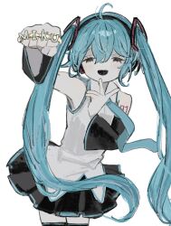 Rule 34 | 1girl, :d, ahoge, bare shoulders, black eyes, black skirt, black sleeves, blue hair, blue necktie, brass knuckles, character name, clenched hand, cowboy shot, detached sleeves, foreshortening, grey shirt, hair ornament, hand on own face, hands up, hatsune miku, headphones, headset, highres, hougetsu (moon neetcat), long hair, looking at viewer, necktie, open mouth, pleated skirt, shirt, shoulder tattoo, simple background, skirt, sleeveless, sleeveless shirt, smile, solo, standing, tattoo, twintails, very long hair, vocaloid, weapon, white background
