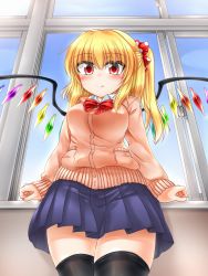 Rule 34 | 1girl, alternate costume, black thighhighs, blonde hair, blush, bow, bowtie, breasts, collared shirt, commentary, fang, fang out, fingernails, flandre scarlet, highres, hip focus, jacket, marukyuu ameya, medium breasts, miniskirt, nail polish, aged up, pink nails, pleated skirt, polka dot, polka dot bow, red eyes, school uniform, shirt, short hair with long locks, side ponytail, sitting, skirt, slit pupils, solo, sweater jacket, thighhighs, touhou, wings, zettai ryouiki