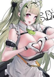 Rule 34 | 1girl, absurdres, antenna hair, apron, ascot, bare shoulders, black dress, blush, breast strap, breasts, cleavage, dress, gloomyowl, goddess of victory: nikke, green ascot, green hair, highres, huge breasts, long hair, looking at viewer, maid apron, open mouth, paizuri invitation, purple eyes, short dress, soda (nikke), solo, sweat, two-tone gloves