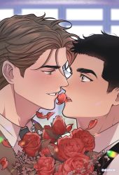 Rule 34 | 2boys, black hair, blush, brown eyes, brown hair, collared shirt, didrkrk, eye contact, flower, highres, looking at another, male focus, multiple boys, open mouth, original, petals, red flower, red rose, rose, shirt, short hair, smile, teeth, twitter username, upper body, white shirt, yaoi
