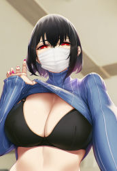 Rule 34 | 1girl, black bra, black hair, blue sweater, blueorca, bra, breasts, clothes lift, commentary, highres, indoors, large breasts, lifted by self, mask, mole, mole on breast, mouth mask, nail polish, original, outstretched arm, purple nails, red eyes, selfie, short hair, solo, surgical mask, sweater, sweater lift, turtleneck, turtleneck sweater, underwear, upper body