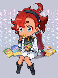 Rule 34 | 1girl, aerial (food), ahoge, artist logo, artist name, blue eyes, boots, chibi, chips (food), commentary, eating, food, full body, grey background, gundam, gundam suisei no majo, hairband, highres, long hair, low-tied long hair, low ponytail, name connection, ponytail, potato chips, poyoyon chihiro, red hair, shorts, sitting, solo, suletta mercury, translation request, uniform