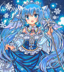 Rule 34 | 1girl, blue bow, blue dress, blue eyes, blue hair, blue ribbon, blue theme, blush, bow, breasts, brooch, buttons, capelet, center frills, cleavage, collar, crystal, crystal earrings, detached sleeves, dot nose, dress, dress bow, earrings, fireflies, fortissimo, frilled capelet, frilled dress, frilled sleeves, frills, gem, hair ornament, hand up, hatsune miku, holding, holding wand, jewelry, long hair, looking at viewer, marker (medium), musical note, musical note hair ornament, necklace, open mouth, pearl (gemstone), ribbon, rui (sugar3), sample watermark, skirt hold, smile, snowflakes, solo, strapless, strapless dress, striped sleeves, tiara, traditional media, twintails, very long hair, vocaloid, wand, watermark, white capelet, white collar, white ribbon, yuki miku, yuki miku (2019)
