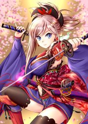 Rule 34 | 1girl, asymmetrical hair, autumn leaves, black thighhighs, blue eyes, blue kimono, breasts, cleavage, clothing cutout, detached sleeves, dual wielding, earrings, fate/grand order, fate (series), hair ornament, highres, hikaru 310, holding, holding sword, holding weapon, japanese clothes, jewelry, katana, kimono, large breasts, leaf print, magatama, maple leaf print, miyamoto musashi (fate), miyamoto musashi (third ascension) (fate), navel cutout, obi, pink hair, ponytail, sash, sheath, short kimono, sleeveless, sleeveless kimono, solo, sword, thighhighs, unsheathed, weapon, wide sleeves
