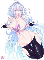 Rule 34 | 1girl, ahoge, areola slip, bare shoulders, black gloves, black pants, blush, bra, breasts, cleavage, collarbone, fate/grand order, fate/prototype, fate (series), gloves, highres, hip vent, large breasts, long hair, looking at viewer, merlin (fate/prototype), merlin (fate/prototype) (second ascension), navel, pants, purple eyes, simple background, smile, strap pull, thighs, tongue, tongue out, underwear, very long hair, watosu, white background, white bra, white hair