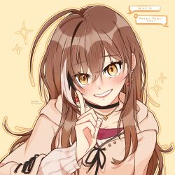 Rule 34 | 1girl, ahoge, berry, black choker, blush, brown eyes, brown hair, brown hoodie, choker, crossed bangs, earrings, english text, food-themed earrings, grin, hair down, hololive, hololive english, hood, hoodie, jewelry, lipstick, long hair, looking at viewer, makeup, mikki (bukiyos), multicolored hair, nail art, nanashi mumei, nanashi mumei (casual), necklace, official alternate costume, oversized clothes, pointing, pointing up, red shirt, shirt, smile, sparkle, speech bubble, streaked hair, sweater, virtual youtuber, white sweater, yellow background