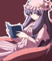 Rule 34 | 1girl, blush, book, female focus, patchouli knowledge, purple hair, simple background, sitting, solo, subaru noji, touhou