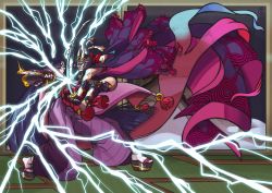 Rule 34 | 2girls, absurdres, alternate costume, angry, armor, baggy pants, battle, clenched teeth, electricity, eyeliner, fate/grand order, fate (series), fingernails, highres, jewelry, lightning, makeup, minamoto no raikou (fate), multiple girls, pants, platform footwear, sandals, sharp fingernails, sharp toenails, shuten douji (fate), sword, teeth, toenails, tusks, vokata, weapon, zouri