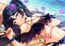 Rule 34 | 1girl, absurdres, bare shoulders, bikini, black choker, black nails, blue eyes, blush, bracelet, breasts, choker, closed mouth, commentary request, flower, genshin impact, hair flower, hair ornament, highres, jewelry, looking at viewer, lying, medium breasts, mona (genshin impact), nail polish, navel, off-shoulder bikini, off shoulder, on back, see-through, solo, swimsuit, twintails, water, yuito (yuitokobunasbs0)
