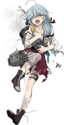 Rule 34 | 1girl, ahoge, black footwear, boots, braid, collarbone, cross-laced footwear, damaged, fujikawa, full body, grey hair, grey pantyhose, hair over eyes, hair ribbon, hamanami (kancolle), holding, kantai collection, lace-up boots, machinery, miniskirt, official art, open mouth, orange eyes, pantyhose, pleated skirt, red skirt, ribbon, rigging, school uniform, skirt, smokestack, solo, teeth, thigh strap, tongue, torn clothes, torn pantyhose, torn skirt, torn sleeves, torpedo, torpedo launcher, torpedo tubes, transparent background, turret
