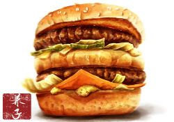 Rule 34 | big mac, bread, burger, cheese, fast food, food, food focus, highres, kaneko ryou, meat, no humans, original, sesame seeds, simple background, still life, white background