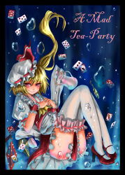 Rule 34 | 1girl, alice (afternoon gleam), alice in wonderland, blonde hair, card, crossover, cup, embodiment of scarlet devil, flandre scarlet, floating card, frilled thighhighs, frills, hat, highres, legs, letterboxed, mary janes, parody, pocket watch, ponytail, red eyes, shoes, short hair, side ponytail, solo, teacup, thighhighs, touhou, watch, wings