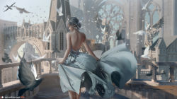 Rule 34 | 1girl, backless dress, backless outfit, bare shoulders, bird, blurry, blurry background, breasts, building, day, dress, closed eyes, from behind, ghostblade, grey hair, highres, jewelry, lips, motion blur, necklace, outdoors, patreon username, pointy ears, short hair, solo, strapless, strapless dress, tiara, watermark, web address, wind, wlop
