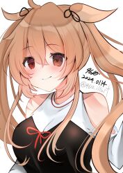 Rule 34 | 1girl, 9610 (kuroto), black shirt, blush, brown eyes, hair flaps, hair ornament, hair ribbon, highres, kantai collection, light brown hair, long hair, long sleeves, looking at viewer, murasame (kancolle), neckerchief, official alternate costume, red neckerchief, ribbon, shirt, smile, solo, twintails, upper body