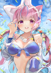 Rule 34 | 1girl, absurdres, animal ear fluff, animal ears, bare shoulders, bikini, blue bikini, blue hair, blue nails, blue sky, blunt bangs, blush, bow, breasts, cat ears, colored inner hair, commentary request, front-tie bikini top, front-tie top, hair bow, halterneck, hand up, highres, hololive, huge filesize, jewelry, kaoswald, large breasts, long sleeves, looking at viewer, minato aqua, multicolored hair, nail polish, navel, necklace, off shoulder, open clothes, open mouth, open shirt, pink hair, purple eyes, round teeth, shell, shell necklace, shirt, sky, smile, solo, stomach, string bikini, swimsuit, teeth, upper body, upper teeth only, virtual youtuber, water, white bow, white shirt