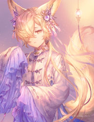 Rule 34 | 1boy, animal ears, blonde hair, clothing request, commentary, cowboy shot, eyebrows hidden by hair, fox tail, granblue fantasy, hair between eyes, hair ornament, hair over one eye, hair ribbon, hand up, kou (granblue fantasy), light particles, long hair, long sleeves, looking at viewer, parted lips, ribbon, shigaraki (strobe blue), sleeves past fingers, sleeves past wrists, solo, symbol-only commentary, tail, tail ornament, twitter username, wide sleeves, yellow eyes