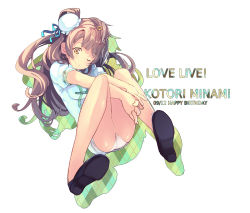 Rule 34 | 10s, 1girl, brown hair, bun cover, character name, china dress, chinese clothes, copyright name, dated, dress, hair bun, hair ornament, hairclip, happy birthday, long hair, looking at viewer, love live!, love live! school idol festival, love live! school idol project, minami kotori, no socks, one eye closed, panties, plaid, side ponytail, simple background, single hair bun, smile, solo, underwear, white background, yellow eyes, yoo (tabi no shiori)