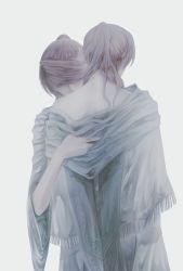 Rule 34 | 2girls, bloodborne, clone, commentary request, cowboy shot, grey background, grey eyes, grey robe, highres, hug, iosefka, itsuki (itsukiovo), long hair, looking at viewer, multiple girls, ponytail, robe, simple background, single bare shoulder, swept bangs, undressing another, wide sleeves