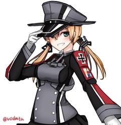 Rule 34 | 10s, 1girl, anchor hair ornament, aqua eyes, black ribbon, black skirt, blonde hair, cross, gloves, hair ornament, hat, highres, iron cross, kantai collection, long sleeves, low twintails, microskirt, military, military hat, military uniform, peaked cap, prinz eugen (kancolle), ribbon, skirt, solo, twintails, uniform, white gloves, yuubokumin