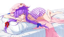 1girl barefoot dress eichi_yuu hat looking_at_viewer lying mob_cap on_bed patchouli_knowledge purple_dress purple_eyes purple_hair solo touhou