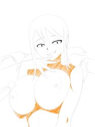 Rule 34 | 1girl, 3boys, absurdres, breasts, breasts out, buuroban, fairy tail, hand up, highres, huge breasts, lucy heartfilia, multiple boys, nervous smile, nipples, nude, penis, pig tail, puffy nipples, sketch, smile, solo focus, tail