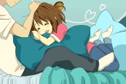 Rule 34 | 1boy, 1girl, artist request, bed, blush, brown hair, closed eyes, hair brush, heart, hirasawa yui, k-on!, open mouth, pillow, short hair, smile, solo focus, source request
