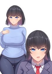 Rule 34 | 2girls, absurdres, band-width, black hair, blazer, blue eyes, blue pants, blue sweater, blunt bangs, blush, breasts, collared shirt, crossed bangs, curvy, earrings, hand on own chest, highres, jacket, jewelry, large breasts, mature female, mole, mole under eye, mother and daughter, multiple girls, open mouth, original, pants, red neckwear, shirt, short hair, standing, sweater, turtleneck, white shirt