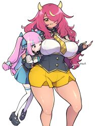 Rule 34 | 2girls, black gloves, blue hair, blue skirt, blunt bangs, breasts, carrying, carrying under arm, demon girl, demon horns, fingerless gloves, gloves, highres, horns, large breasts, multicolored hair, multiple girls, nana (retroplica), necktie, parted lips, pink hair, pink nails, purple eyes, red eyes, simple background, size difference, skirt, streaked hair, two side up, uniform, wavy hair, white background, yellow eyes