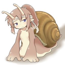 Rule 34 | 1girl, akthree0, antennae, blue eyes, blush, female focus, headband, lowres, monster girl, original, pointy ears, simple background, snail girl, solo, wavy mouth, white background