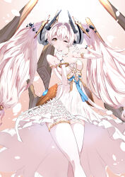 Rule 34 | 1girl, absurdres, bare shoulders, bracelet, cross-shaped pupils, detached collar, dress, elbow gloves, finger to mouth, floating, floating hair ornament, floating object, floating weapon, gloves, highres, jewelry, long hair, luna: laurel (punishing: gray raven), luna (punishing: gray raven), one eye closed, punishing: gray raven, solo, symbol-shaped pupils, takashi san, thighhighs, thighlet, twintails, very long hair, white dress, white gloves, white hair, white thighhighs, yellow eyes