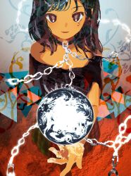 Rule 34 | 1girl, alternate hair color, bare shoulders, black choker, black hair, black shirt, blue background, blue hair, breasts, chain, choker, clothes writing, commentary request, earth (ornament), gradient background, green skirt, grey background, hands up, heart, heart print, hecatia lapislazuli, highres, kaigen 1025, looking at viewer, medium breasts, medium hair, multicolored clothes, multicolored hair, multicolored skirt, off-shoulder shirt, off shoulder, open mouth, plaid, plaid skirt, red eyes, red hair, red skirt, shirt, short sleeves, skirt, smile, solo, standing, touhou, triangle