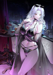 Rule 34 | 1girl, absurdres, arm under breasts, bikini, black bikini, bottle, breasts, carmilla (fate), carmilla (swimsuit rider) (fate), carmilla (swimsuit rider) (third ascension) (fate), chain, choker, cigarette, cityscape, collar, collarbone, cup, doberman, dog, drinking glass, eyewear on head, fate/grand order, fate (series), highres, holding, holding cigarette, large breasts, long hair, looking at viewer, navel, night, night sky, nils, o-ring, o-ring bikini, red wine, see-through, sky, skyline, solo, spiked collar, spikes, stomach, sunglasses, swimsuit, thighs, white hair, wine, wine bottle, wine glass, yellow eyes