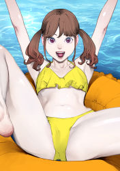 Rule 34 | 1girl, :d, afloat, arms up, bikini, breasts, brown hair, cameltoe, frilled bikini, frills, hair tie, halterneck, highres, inamitsu shinji, intel, leg up, long hair, looking at viewer, lying, navel, ocean, on back, open mouth, original, outdoors, paid reward available, pale skin, purple eyes, reclining, small breasts, smile, solo, spread legs, stomach, swimsuit, tareme, teeth, thighs, twintails, yellow bikini