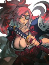 Rule 34 | 1girl, amputee, baiken, big hair, breasts, cleavage, eyepatch, facial tattoo, guilty gear, guilty gear strive, highres, japanese clothes, katana, kimono, large breasts, long hair, looking at viewer, one-eyed, open clothes, open kimono, pink hair, ponytail, scar, scar across eye, scar on face, simple background, solo, sword, tattoo, weapon, yohane shimizu