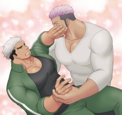 2boys bara beard black_hair blue_eyes covering_another&#039;s_mouth facial_hair highres holding_hands multiple_boys muscular muscular_male original pink_hair porkjinta smile tan white_hair