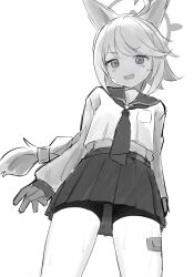 Rule 34 | 1girl, absurdres, ahoge, animal ears, bike shorts, blue archive, commentary request, cowboy shot, dot nose, fox ears, from below, grey background, greyscale, halo, highres, light blush, long hair, long sleeves, looking at viewer, looking down, miniskirt, mishio (misio 40), monochrome, neckerchief, open mouth, otogi (blue archive), pleated skirt, ponytail, sailor collar, school uniform, serafuku, shorts, shorts under skirt, sidelocks, simple background, sketch, skirt, smile, solo, standing, sweat, thighs