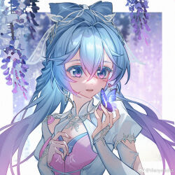 Rule 34 | 1girl, arm cutout, blue hair, breasts, bug, butterfly, douluo dalu, earrings, flower, gradient eyes, gradient hair, hair ornament, insect, jewelry, juliet sleeves, long hair, long sleeves, looking to the side, multicolored eyes, multicolored hair, open mouth, puffy sleeves, small breasts, solo, tang wutong (douluo dalu), twintails, upper body, vienyelisha, wisteria
