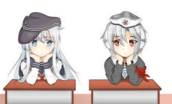Rule 34 | 10s, 2girls, anchor symbol, beret, black hat, blue eyes, blue hair, choker, collarbone, crossover, expressionless, hair between eyes, hat, head rest, hibiki (kancolle), highres, historical name connection, kantai collection, long hair, long sleeves, looking at another, looking to the side, multiple girls, name connection, sailor collar, school uniform, serafuku, shirt, short hair, silver hair, simple background, skyland (typemoonsky), star (symbol), star print, table, verniy (kancolle), verniy (warship girls r), warship girls r, white background, white shirt