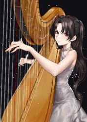 Rule 34 | 1girl, alternate costume, bare shoulders, black hair, blurry, blush, closed mouth, commentary request, depth of field, dress, fate/grand order, fate (series), highres, instrument, instrument request, ishtar (fate), light particles, lips, long dress, long hair, looking at viewer, music, parted bangs, playing instrument, red eyes, simple background, sitting, solo, two side up, white dress, yagitome87