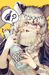 Rule 34 | + +, 1girl, ?, alcohol, animal ear fluff, animal ears, arknights, bead necklace, beads, bell, black cape, blush, bottle, braid, breasts, brown eyes, cape, dress, fang, gilmang, grey hair, head chain, highres, holding, holding bottle, jewelry, leopard ears, leopard girl, leopard tail, long hair, medium breasts, necklace, open mouth, pramanix (arknights), side braids, signature, simple background, smile, solo, sparkling eyes, speech bubble, tail, turtleneck, turtleneck dress, vodka, yellow background